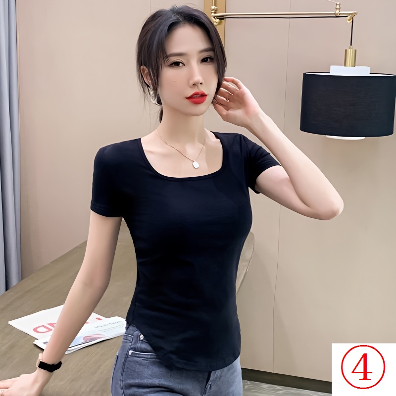 Áo Thun Cotton Cổ Vuông Tay Ngắn Thời Trang Mùa Hè 2023 Phong Cách Mới Cho Nữ