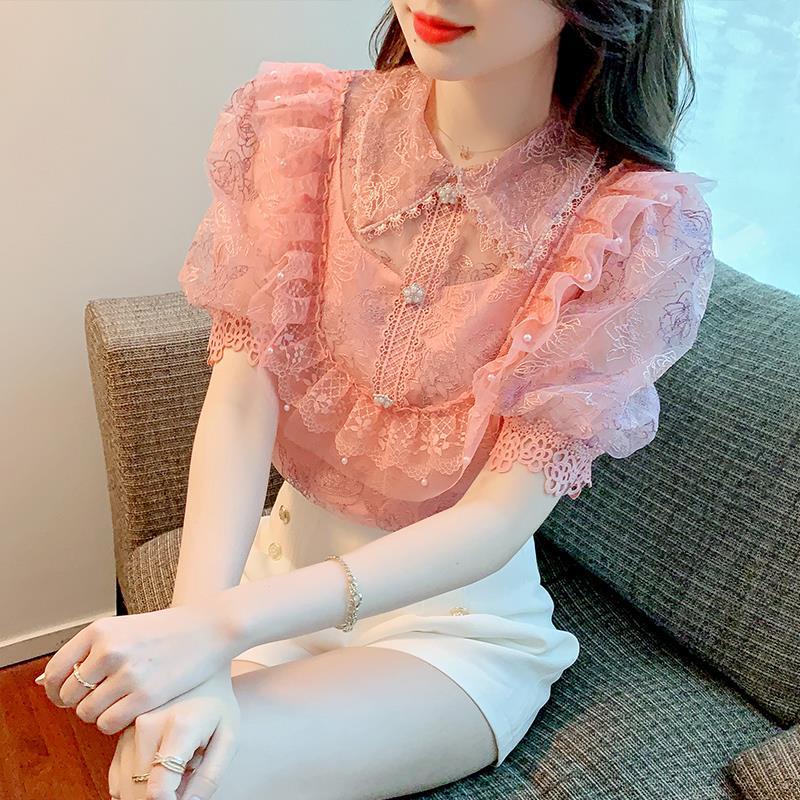Áo Kiểu Pháp Cổ Đứng Tay Phồng Phối Ren Thêu Họa Tiết Sang Trọng Thời Trang Mùa Hè 2023 Cho Nữ