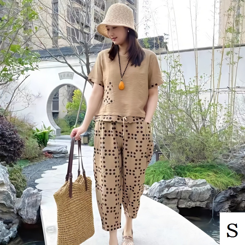 Set Áo Thun Ngắn Tay + Quần Dài Ống Rộng Thời Trang Nữ Trung Niên