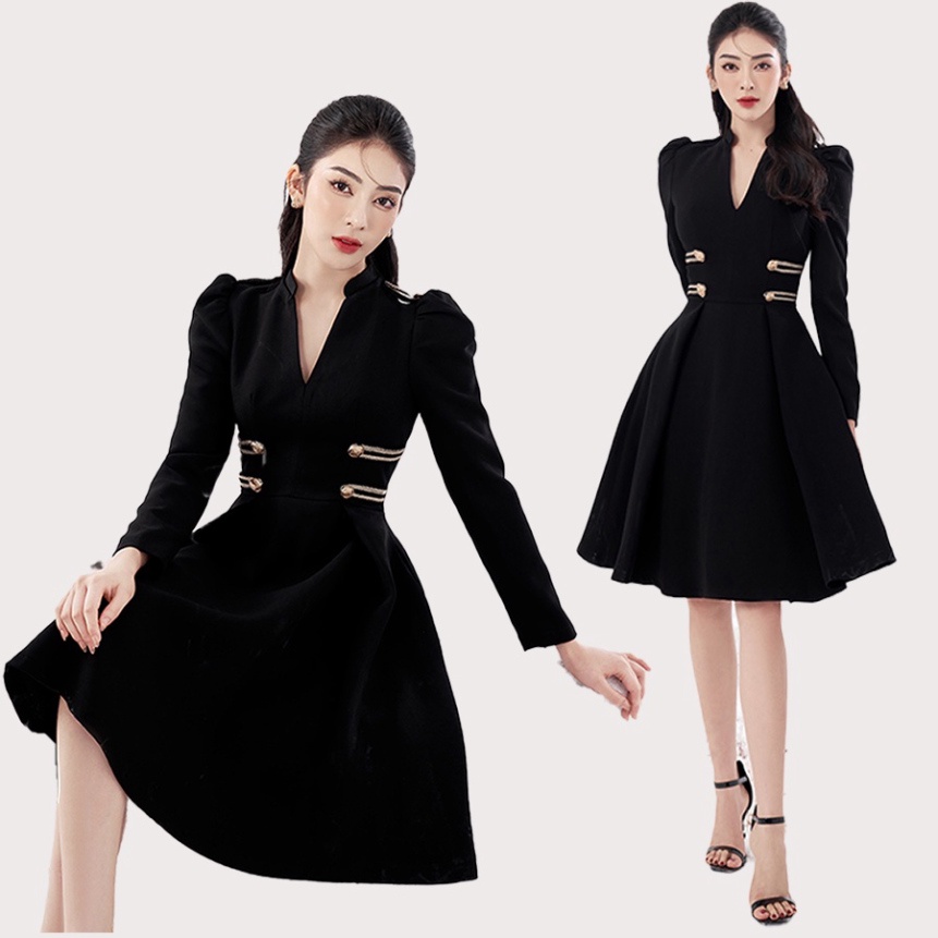 Đầm xòe đi tiệc cưới thiết kế cổ V, tay dài sang trọng dự tiệc cao cấp đi biển giá rẻ đẹp bigsize sẵn mút ngực tơ lụa