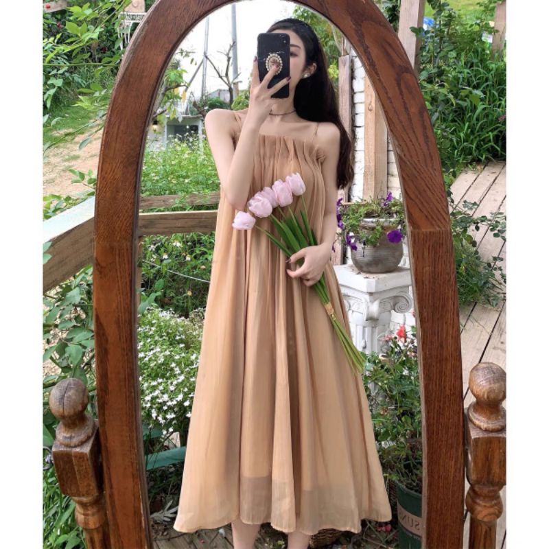 Váy 2 dây dáng dài maxi đi biển tơ óng xếp ly 2 lớp dày dặn ulzzang Hàn Quốc - Ảnh thật Yena Closet #T376