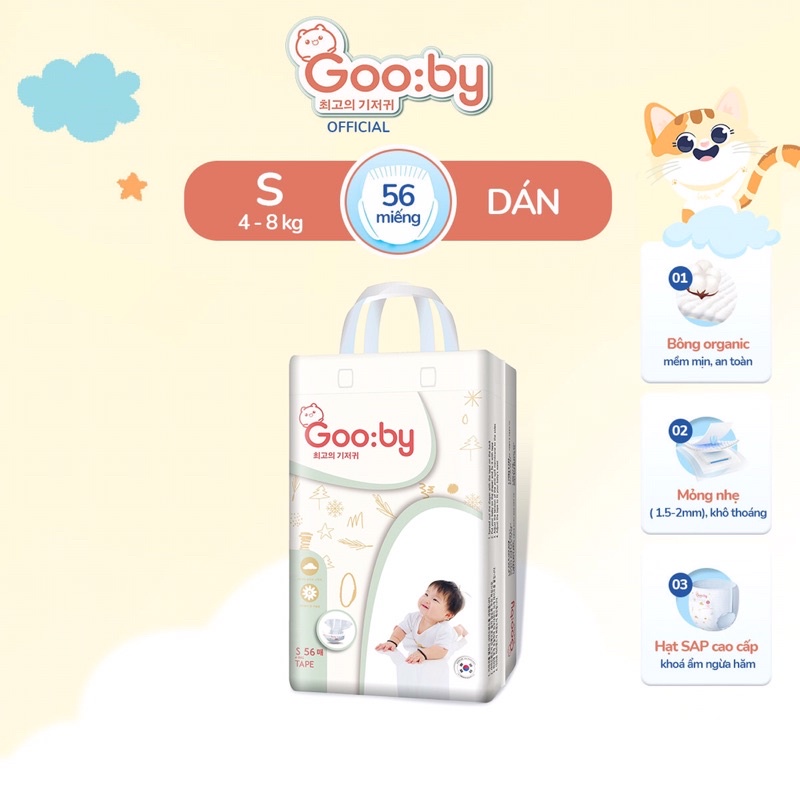 Tã/bỉm dán Gooby mềm mại, an toàn, siêu thấm hút Size NB/S/M cho bé từ 4kg - 14Kg