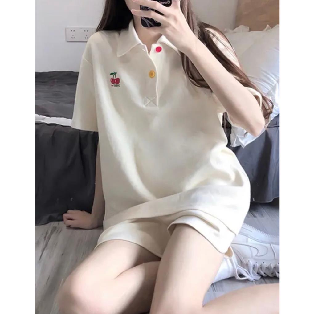 Bộ thun có cổ, họa tiết trái cherry đi học, đi chơi thời trang dễ thương mùa hè AO10