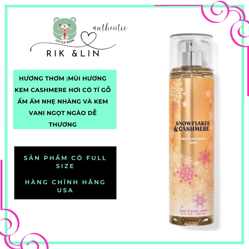 SNOWFLAKES & CASHMERE - Xịt Thơm Toàn Thân Body Mist Bath & Body Works Usa