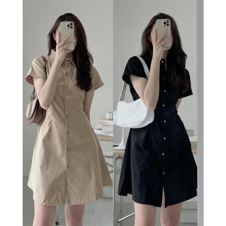 Váy sơ mi cộc tay nữ, chiết eo lưng chun co dãn nhiều màu basic thời trang hè VAY1