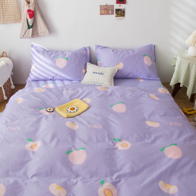 Bộ chăn ga gối Ins Cotton Nguyên Chất 4 Lưới Đỏ Nhỏ Trái Cây Tươi Bông Tím Ký Túc Xá Vỏ Hoạt Hình Giường Đôi