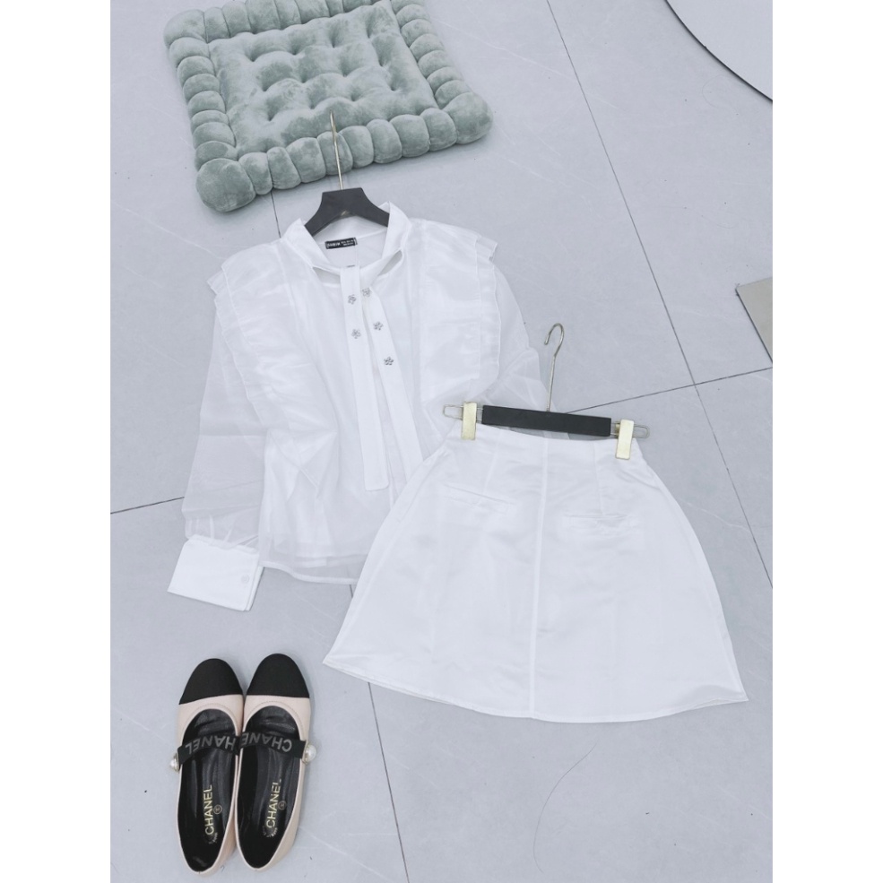 Set Áo Sơ Mi Đính Đá, Chất Tơ Hàng May 2 Lớp, Mix Chân Váy Tacta Có Quấn Trong