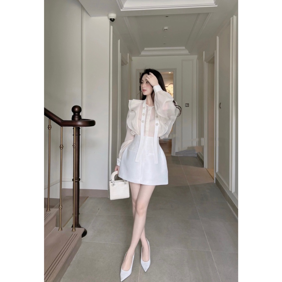 Set Áo Sơ Mi Đính Đá, Chất Tơ Hàng May 2 Lớp, Mix Chân Váy Tacta Có Quấn Trong