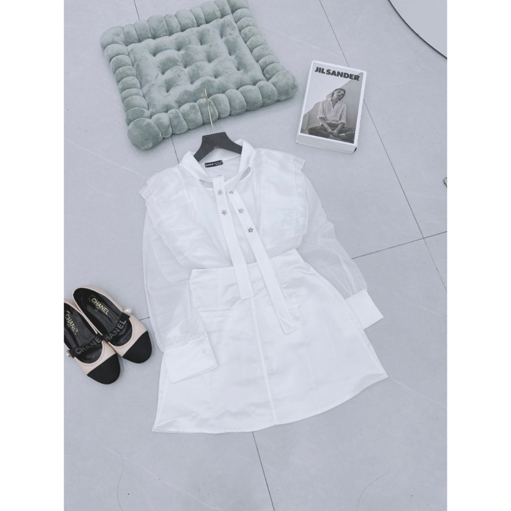 Set Áo Sơ Mi Đính Đá, Chất Tơ Hàng May 2 Lớp, Mix Chân Váy Tacta Có Quấn Trong