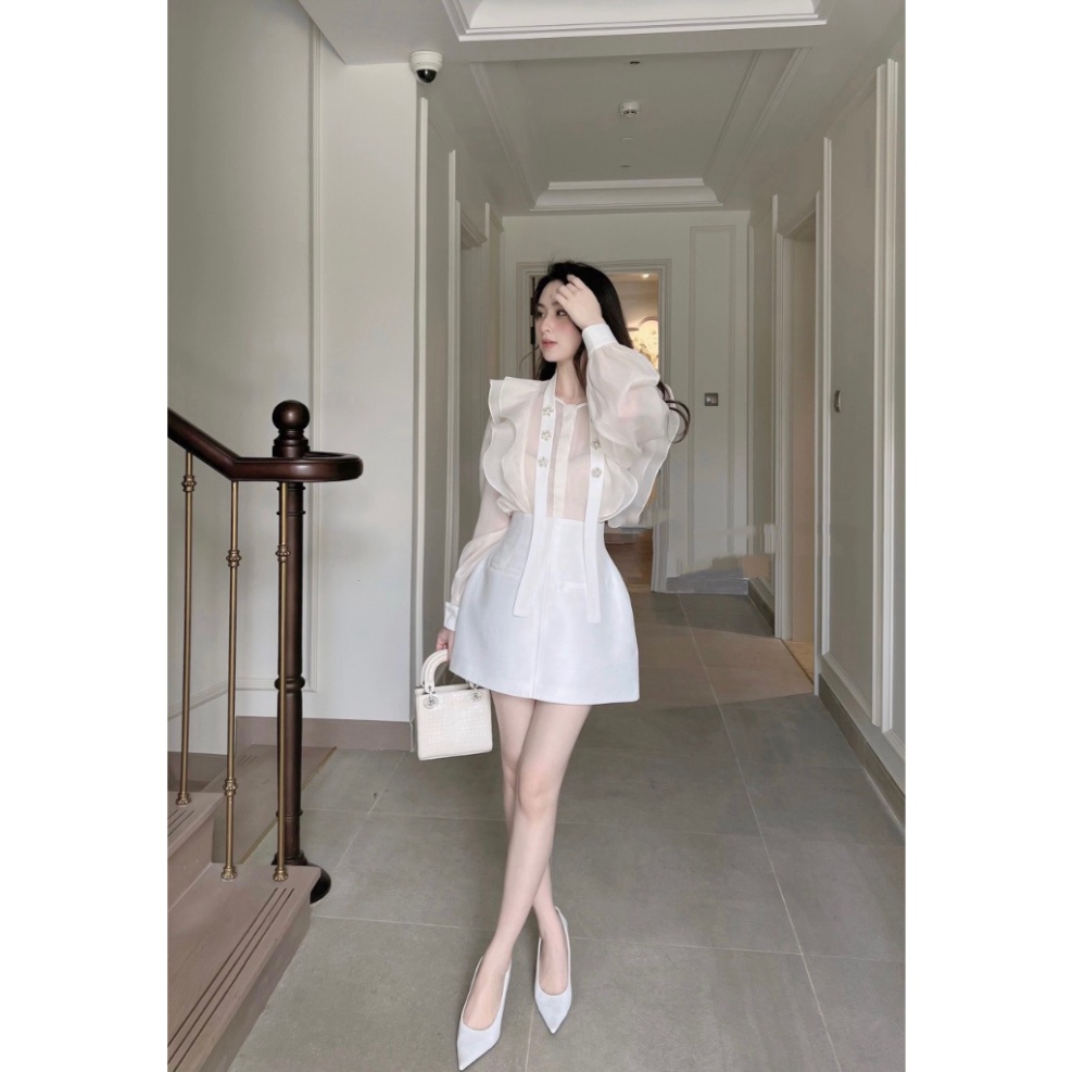 Set Áo Sơ Mi Đính Hoa Đá, Chất Tơ Hàng May 2 Lớp, Mix Chân Váy Tacta Có Quấn Trong