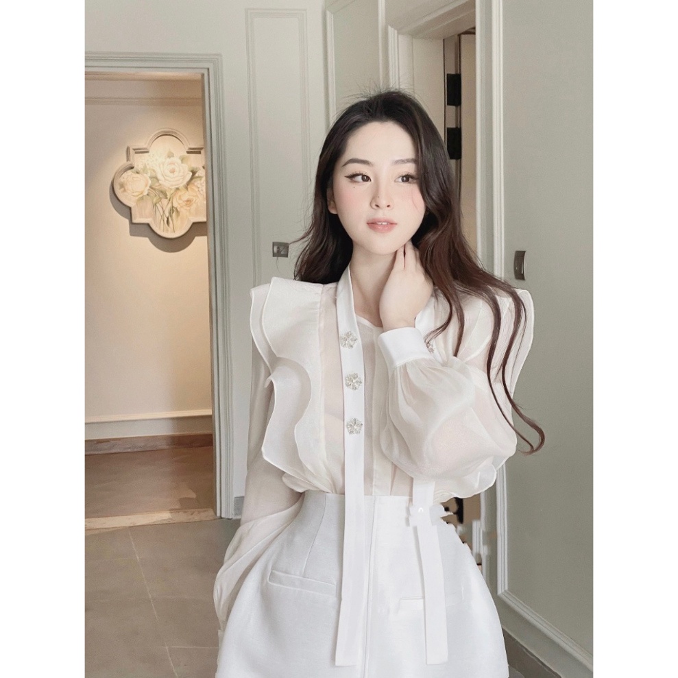 Set Áo Sơ Mi Đính Hoa Đá, Chất Tơ Hàng May 2 Lớp, Mix Chân Váy Tacta Có Quấn Trong
