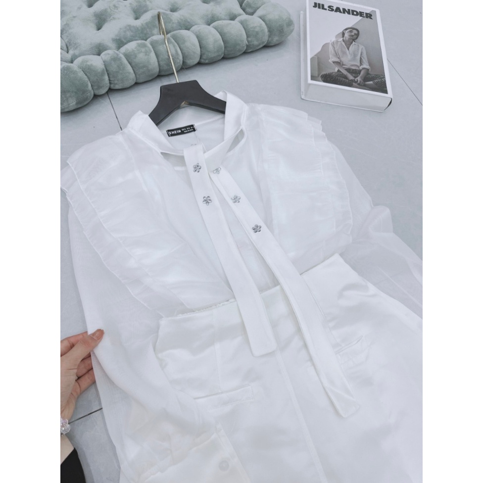 Set Áo Sơ Mi Đính Hoa Đá, Chất Tơ Hàng May 2 Lớp, Mix Chân Váy Tacta Có Quấn Trong