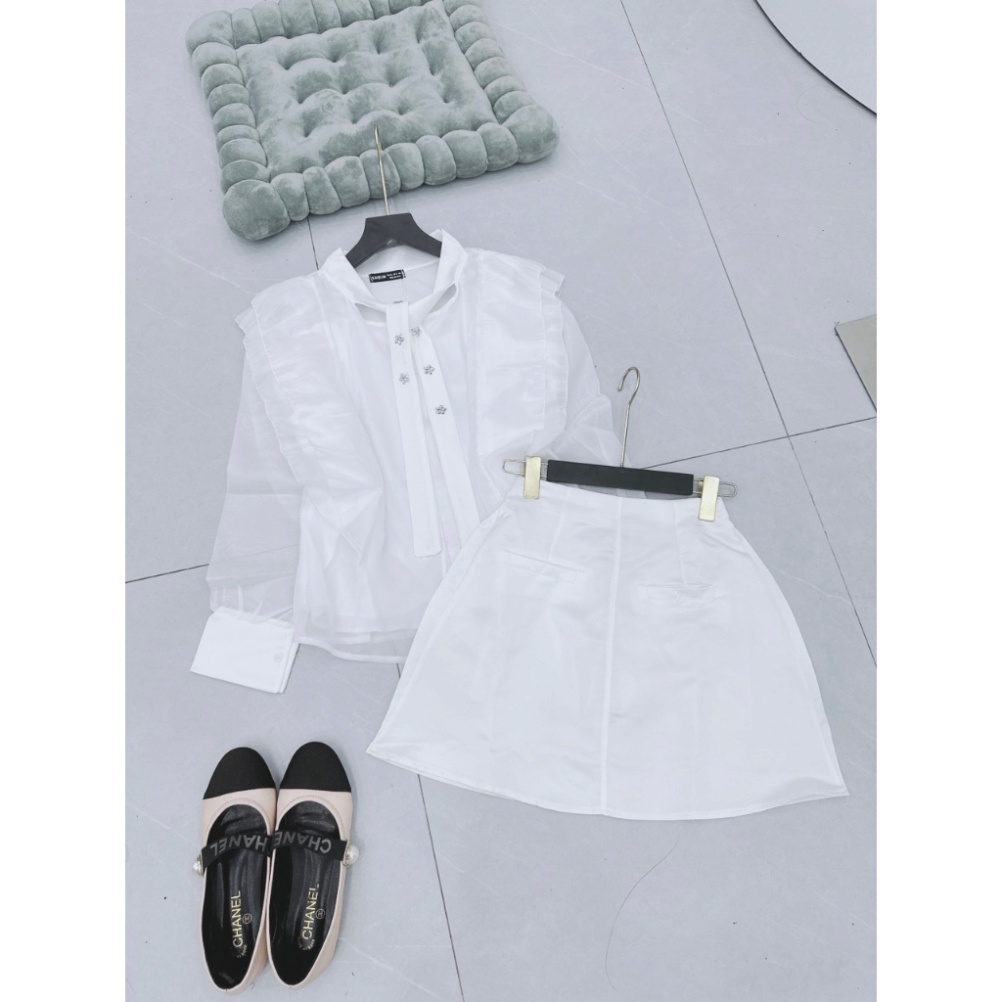 Set Áo Sơ Mi Đính Hoa Đá, Chất Tơ Hàng May 2 Lớp, Mix Chân Váy Tacta Có Quấn Trong