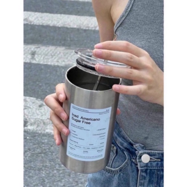 Ly cốc giữ nhiệt Iced Americano 600ml cao cấp bằng phép không gỉ 304, kèm ống hút- Bình giữ