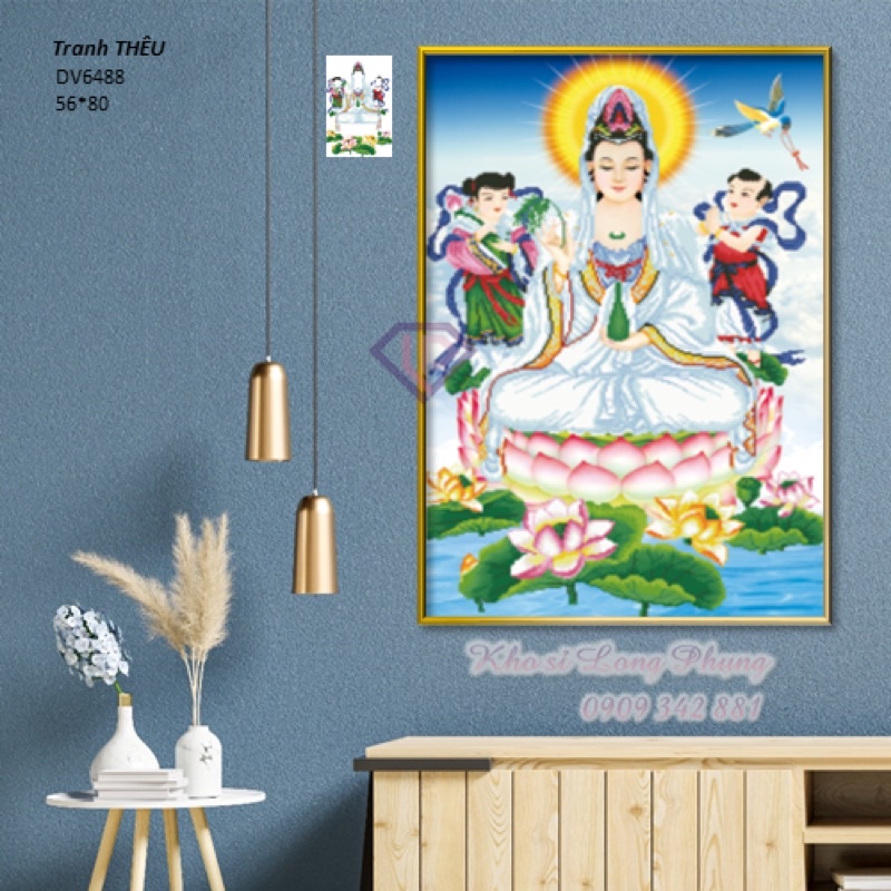 Tranh thêu chữ thập Quan âm bồ tát và đồng tử Dv6488( 56*80 cm) chưa thêu