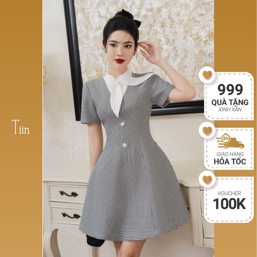 Đầm công sở cổ nơ lệch Váy phối cúp cổ nơ nẹp đính khuy phối kẻ eo ôm tôn dáng TIINSTORE VHN796