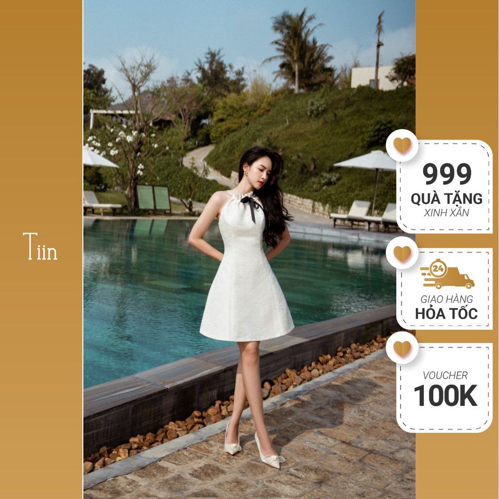 Váy nữ cổ yếm Đầm hở lưng bánh bèo dáng A đính nơ đen chất tafta phẩy đứng form tôn dáng TIINSTORE V0D788