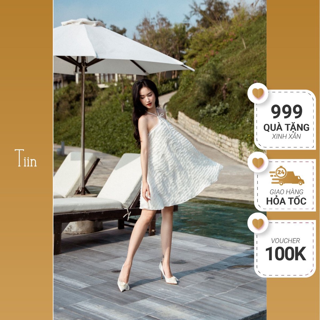 Đầm xoè xuông dáng ngắn Váy cổ yếm viền ren bồng bềnh nữ tính dáng xoè lót lụa vải tơ tầng cao cấp TIINSTORE V0D790