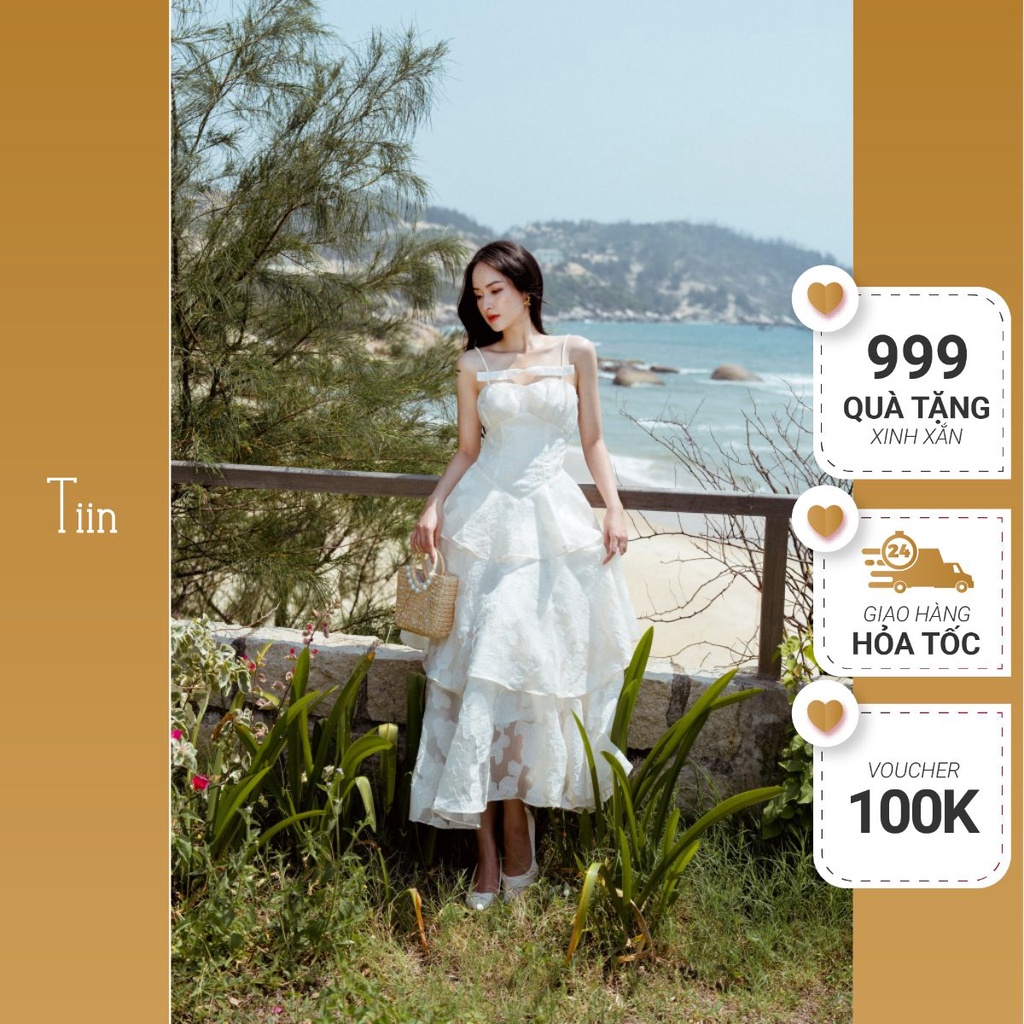 Đầm maxi đi biển, váy 2 dây đính nơ chất OZANZA mềm mượt nhẹ nhàng xoè 3 tầng TIINSTORE V0D767