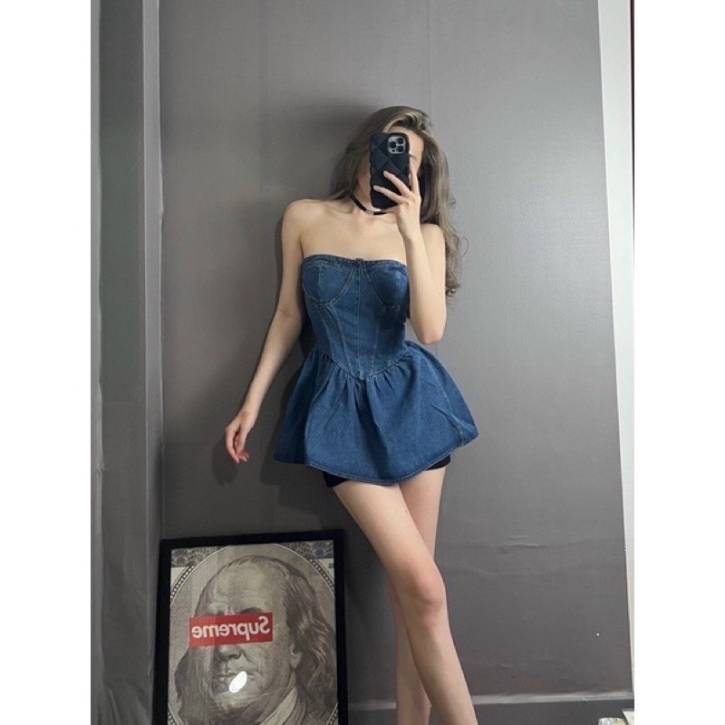 Áo ống jean cúp ngực, áo kiểu quây body hàn quốc tôn dáng
