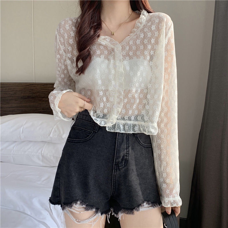 Áo Sơ Mi Voan Mỏng Phối Ren Thời Trang Mùa Hè Dành Cho Nữ