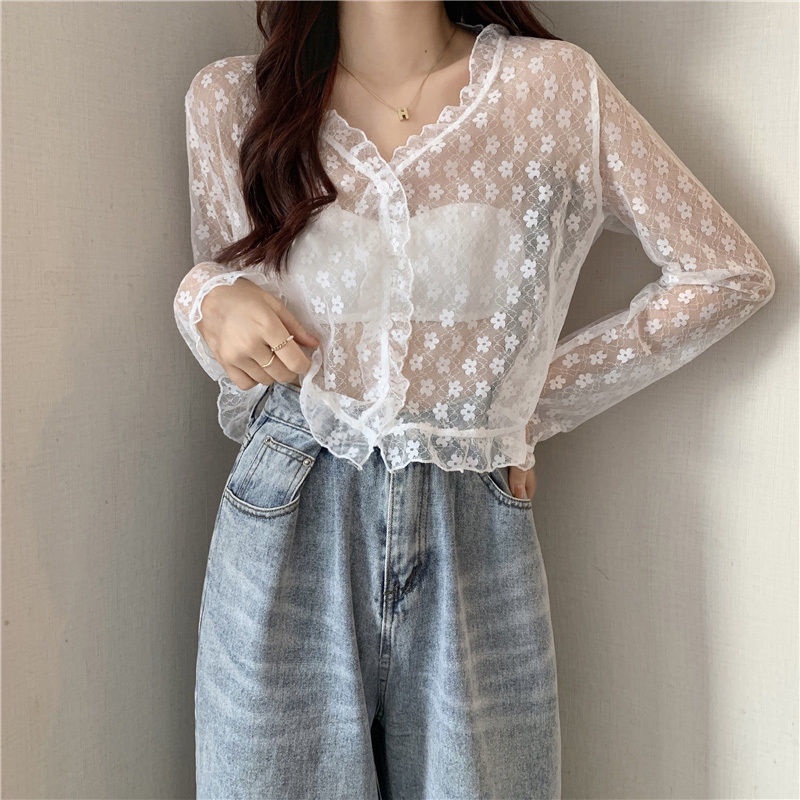 Áo Sơ Mi Voan Mỏng Phối Ren Thời Trang Mùa Hè Dành Cho Nữ