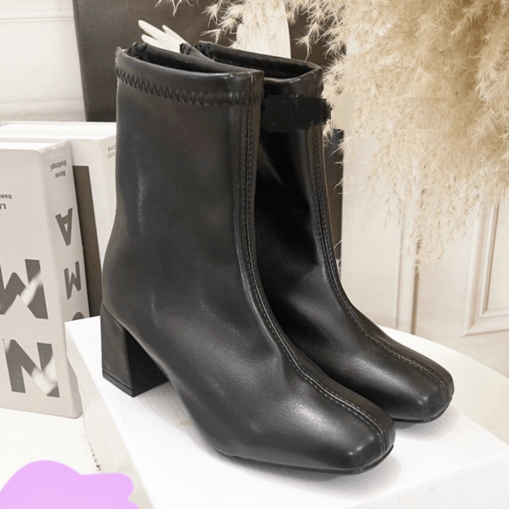 ◉ Giày bốt nữ cao cổ LINE BOOT thời trang kéo khóa cao gót mũi vuông da mềm cao cấp đơn giản đi chơi hot đẹp xinh 3 màu