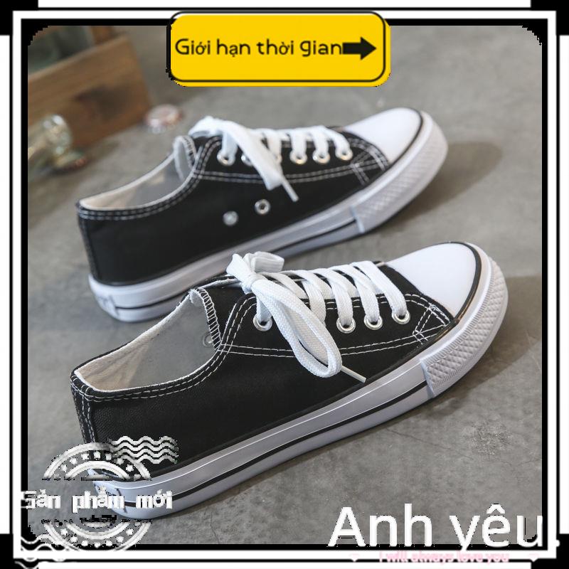 Giày Thể Thao Vải Canvas Cổ Thấp Màu Trắng Đen Phong Cách Hàn Quốc Cho Nam