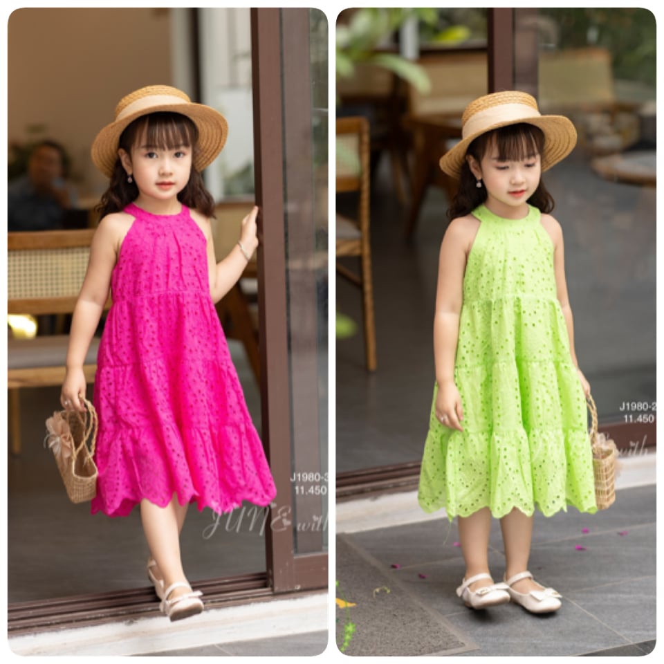 Váy thô ren lỗ June cổ yếm 2 màu hồng sen / xanh chuối size 1 - 10y