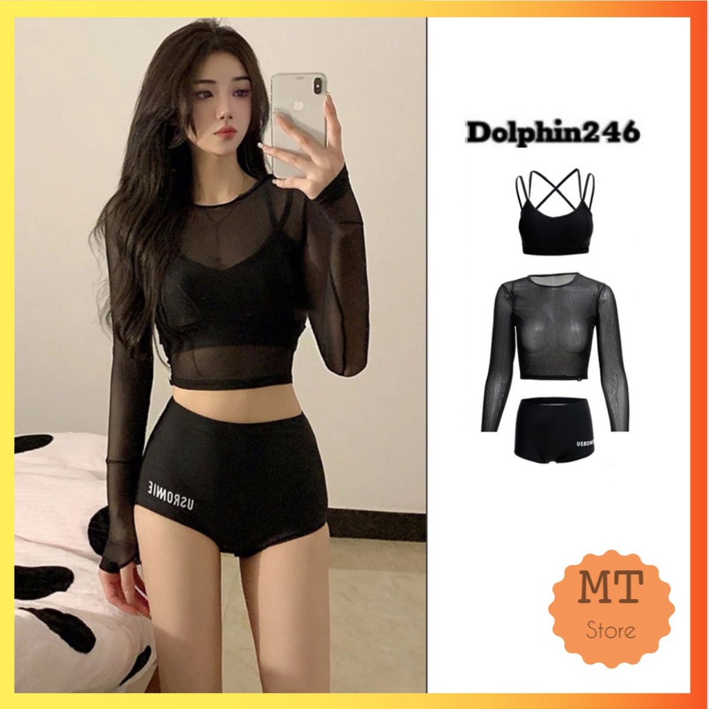 Set đồ bơi áo tắm 3 chi tiết bộ bikini đi biển áo 2 dây kèm áo lưới dài tay chống nắng quần cạp cao che bụng màu đen