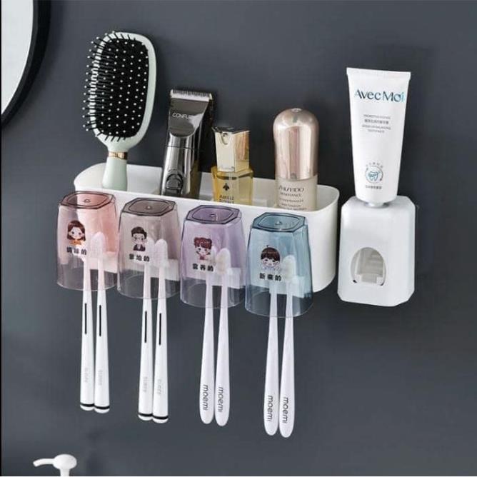 Kệ để bàn chải nhả kem đánh răng tự động thông minh giá treo 4 cốc để đồ dán tường dùng cho nhà tắm