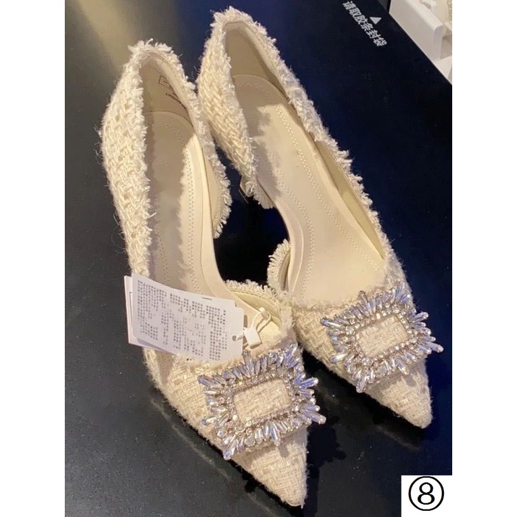 Giày Cao Gót Vải Tweed Đính Đá Lấp Lánh Phong Cách Mới 2022 Cho Nữ