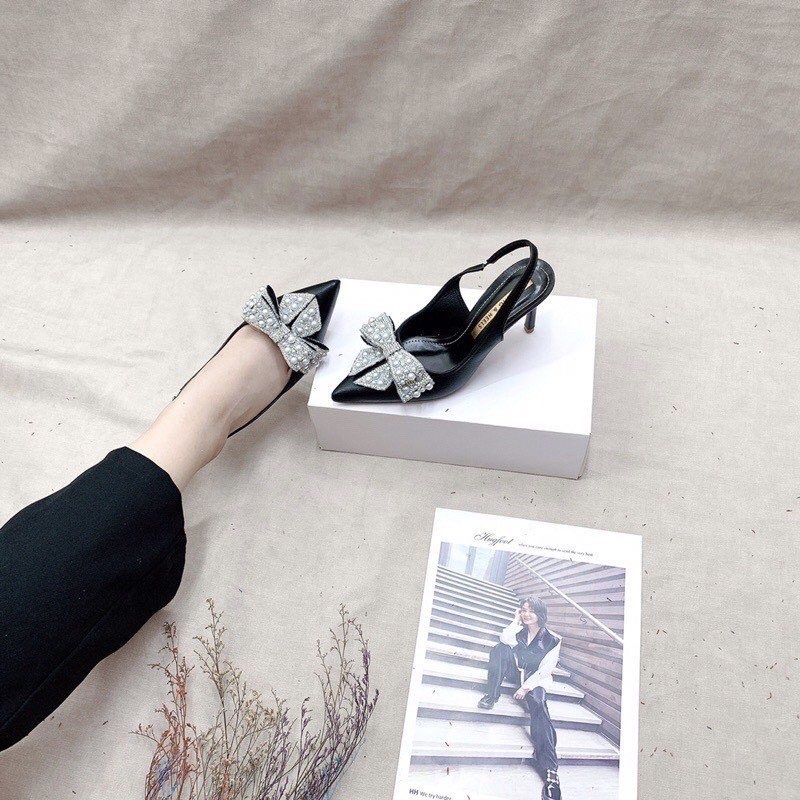 Ảnh Thật- Giày sandal bít mũi cao gót mũi nhọn da lì Nơ đá Ngọc gót nhọn 8cm sang chảnh công sở