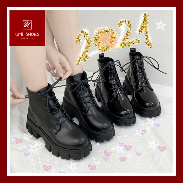 ◉ Bốt ulzzang nữ cổ lửng mới da bóng/da lì đơn giản cá tính màu đen năng động đi chơi hot trend xinh đẹp đế cao MANTO