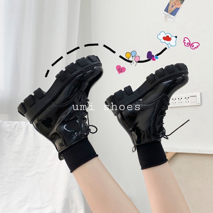◉ Bốt ulzzang nữ da bóng da trơn cổ lửng đế cao 5cm đế to bự bằng đơn giản đi chơi đẹp mẫu mới buộc dây MANTO SIMPLE