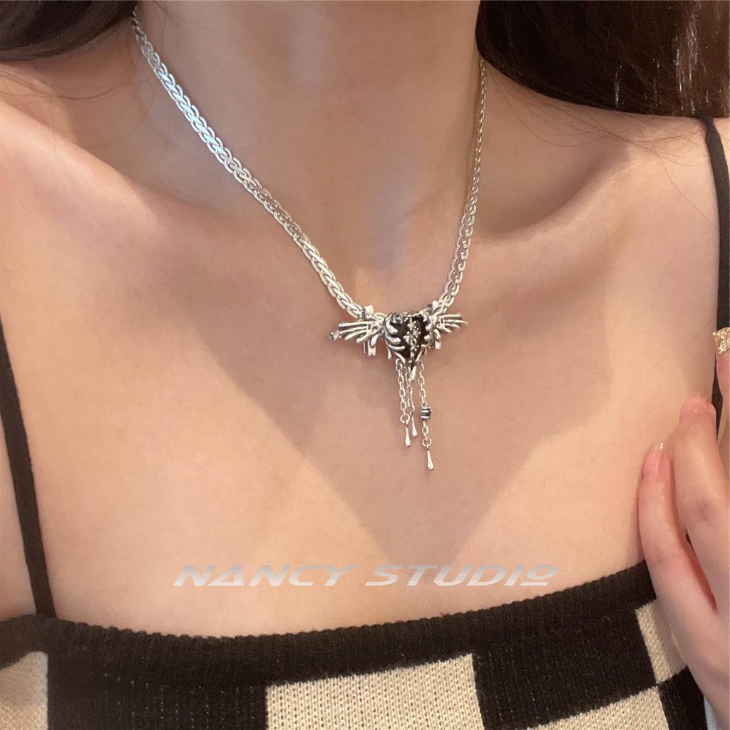 Dây Chuyền Mạ Bạc 925 Mặt Hình Đôi Cánh Thiên Thần Đen Đính Đá Zircon Phong Cách Mới