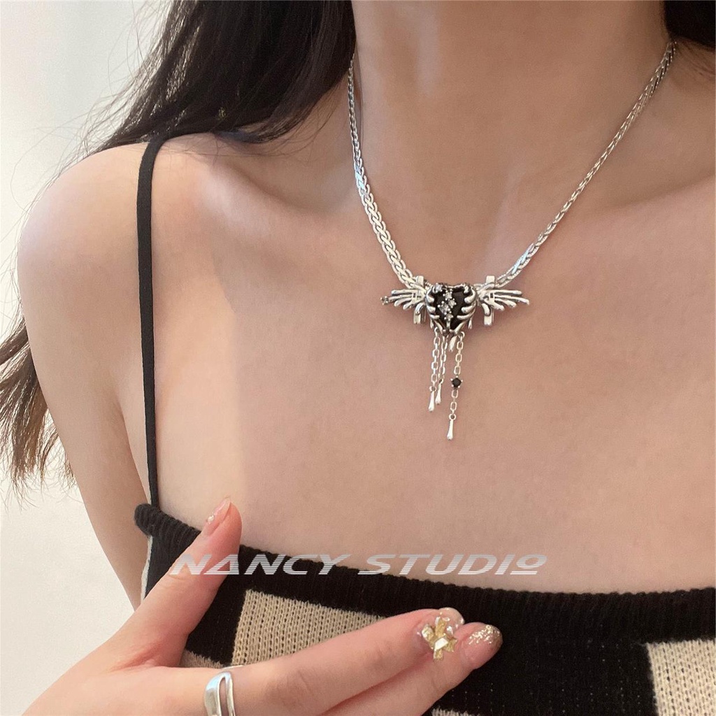 Dây Chuyền Mạ Bạc 925 Mặt Hình Đôi Cánh Thiên Thần Đen Đính Đá Zircon Phong Cách Mới