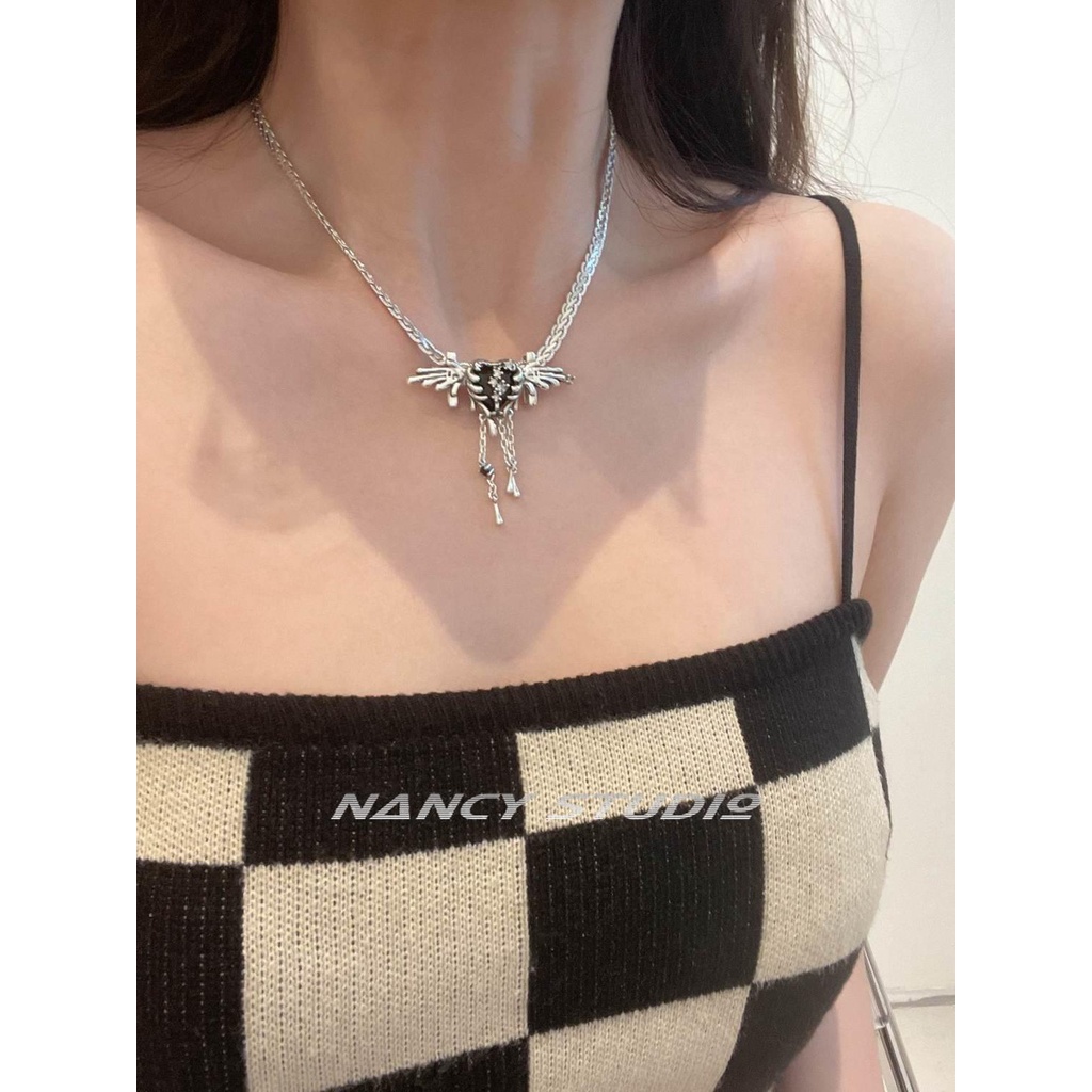 Dây Chuyền Mạ Bạc 925 Mặt Hình Đôi Cánh Thiên Thần Đen Đính Đá Zircon Phong Cách Mới