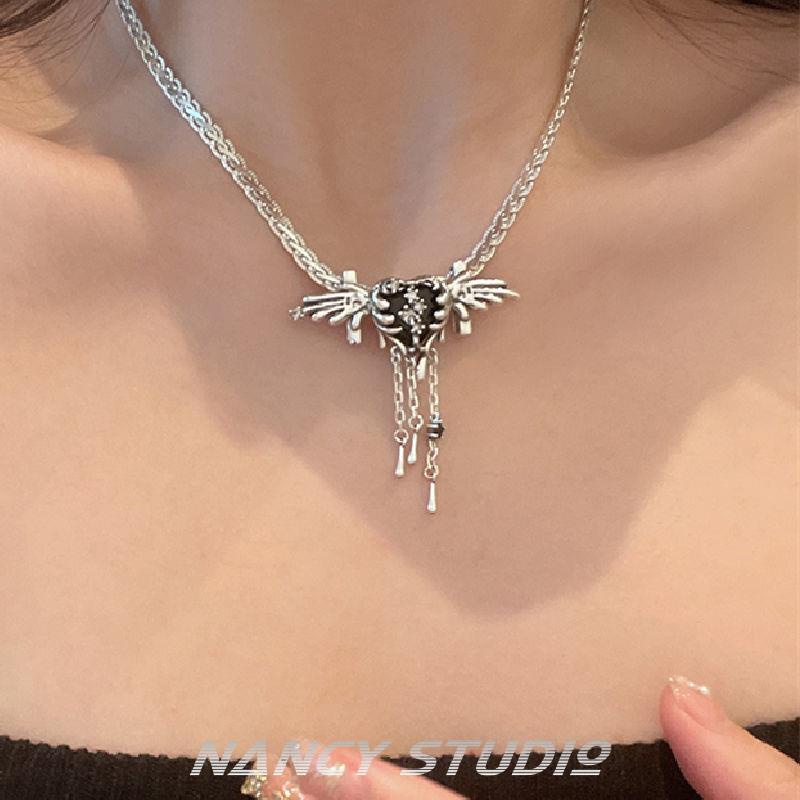 Dây Chuyền Mạ Bạc 925 Mặt Hình Đôi Cánh Thiên Thần Đen Đính Đá Zircon Phong Cách Mới