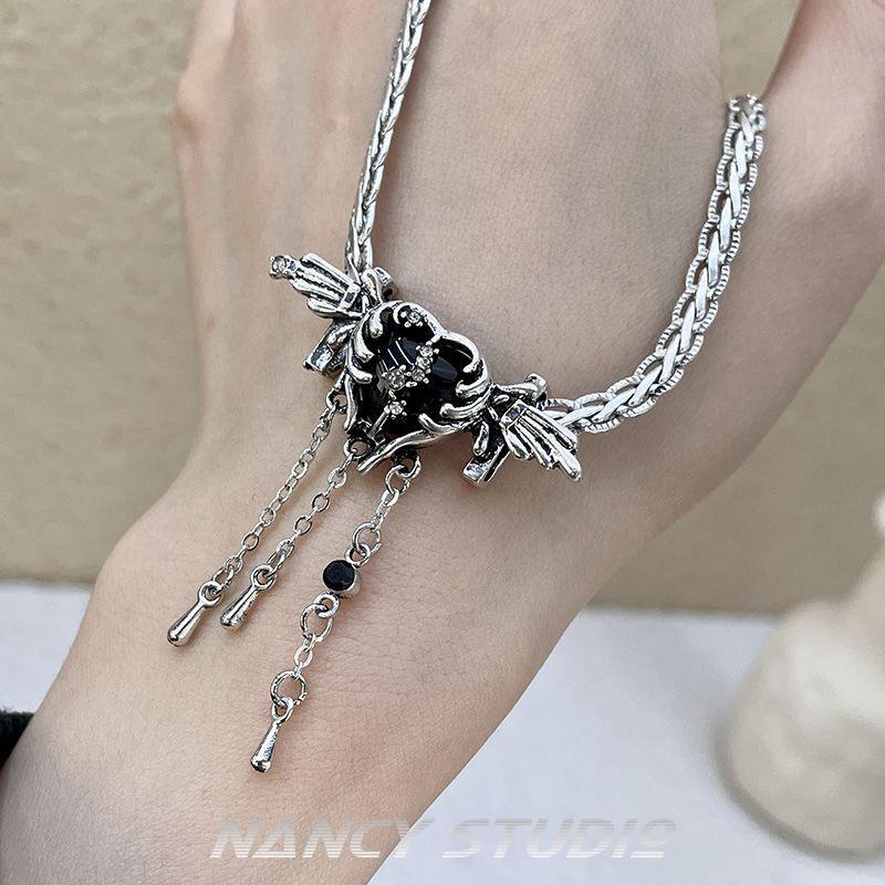 Dây Chuyền Mạ Bạc 925 Mặt Hình Đôi Cánh Thiên Thần Đen Đính Đá Zircon Phong Cách Mới