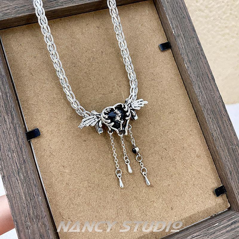 Dây Chuyền Mạ Bạc 925 Mặt Hình Đôi Cánh Thiên Thần Đen Đính Đá Zircon Phong Cách Mới