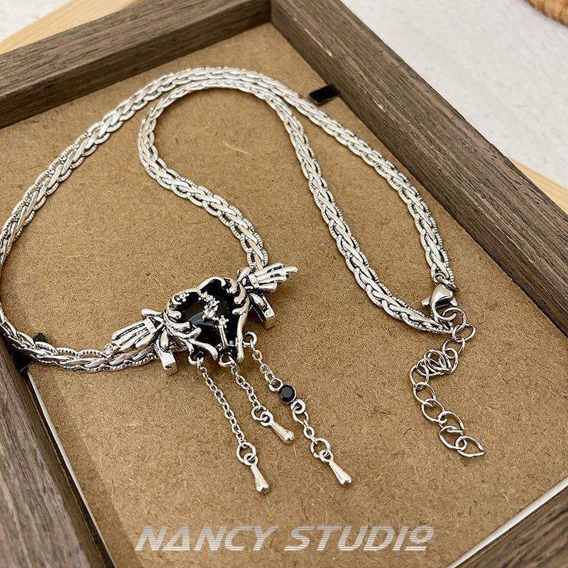Dây Chuyền Mạ Bạc 925 Mặt Hình Đôi Cánh Thiên Thần Đen Đính Đá Zircon Phong Cách Mới