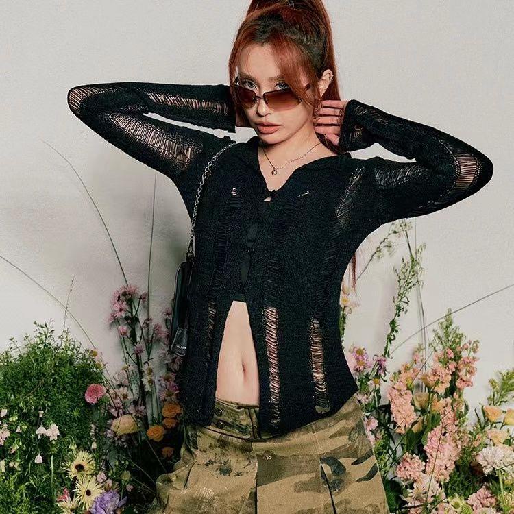 Bộ Áo Cardigan Dệt Kim Tay Dài + Áo Hai Dây Mỏng Y2K Phong Cách Mỹ Thời Trang Cho Nữ