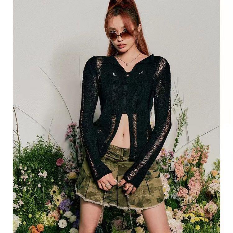 Bộ Áo Cardigan Dệt Kim Tay Dài + Áo Hai Dây Mỏng Y2K Phong Cách Mỹ Thời Trang Cho Nữ