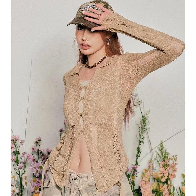 Bộ Áo Cardigan Dệt Kim Tay Dài + Áo Hai Dây Mỏng Y2K Phong Cách Mỹ Thời Trang Cho Nữ