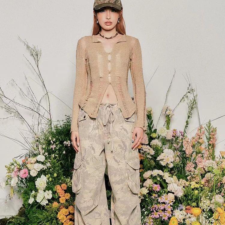 Bộ Áo Cardigan Dệt Kim Tay Dài + Áo Hai Dây Mỏng Y2K Phong Cách Mỹ Thời Trang Cho Nữ