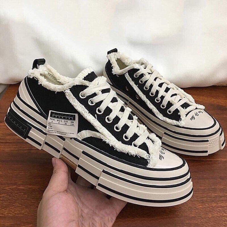 Giày Sneaker Xvessel, Giày thể thao nam nữ cao cấp full box đế gỗ đúc đẹp siêu nhẹ, vải rách cổ thấp cá tính D10