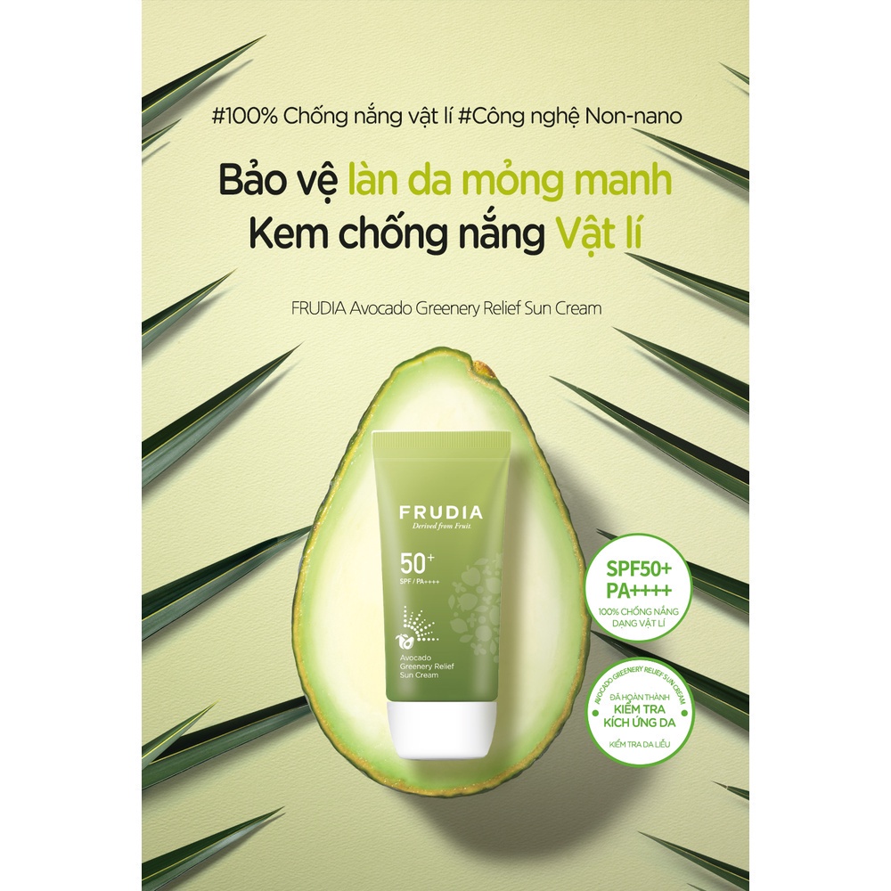 Kem Chống Nắng Frudia Cấp Ẩm và Nâng Tông Frudia Avocado Greenery Relief Sun Cream SPF50+ PA++++ 50g