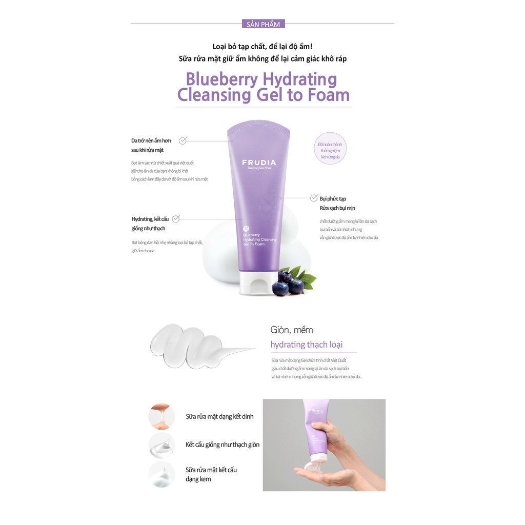 [Tặng 88k] Sữa Rửa Mặt Dưỡng Ẩm Việt Quất Frudia Blueberry Hydrating Cleansing Gel To Foam 145ml