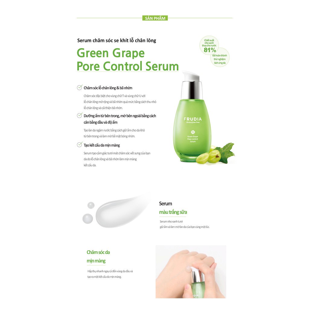 [Tặng 88k] Serum Dưỡng Ẩm Se Khít Lỗ Chân Lông Chiết Xuất Nho Xanh Frudia Green Grape Pore Control Serum 50g